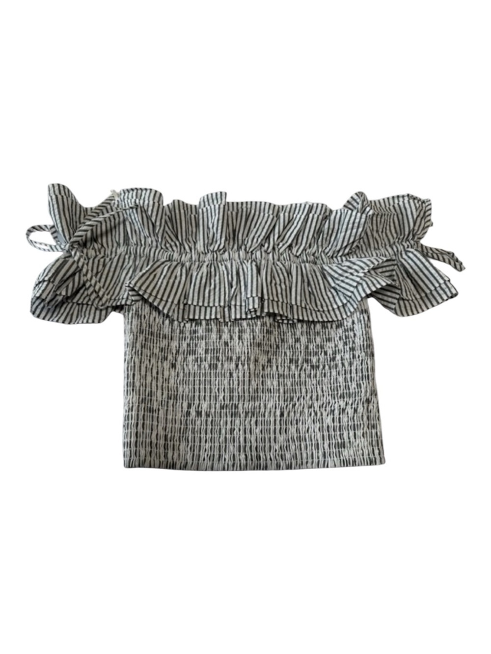 Kendall & Kylie Black and White Striped Off-Shoulder Ruffle Smocked Top